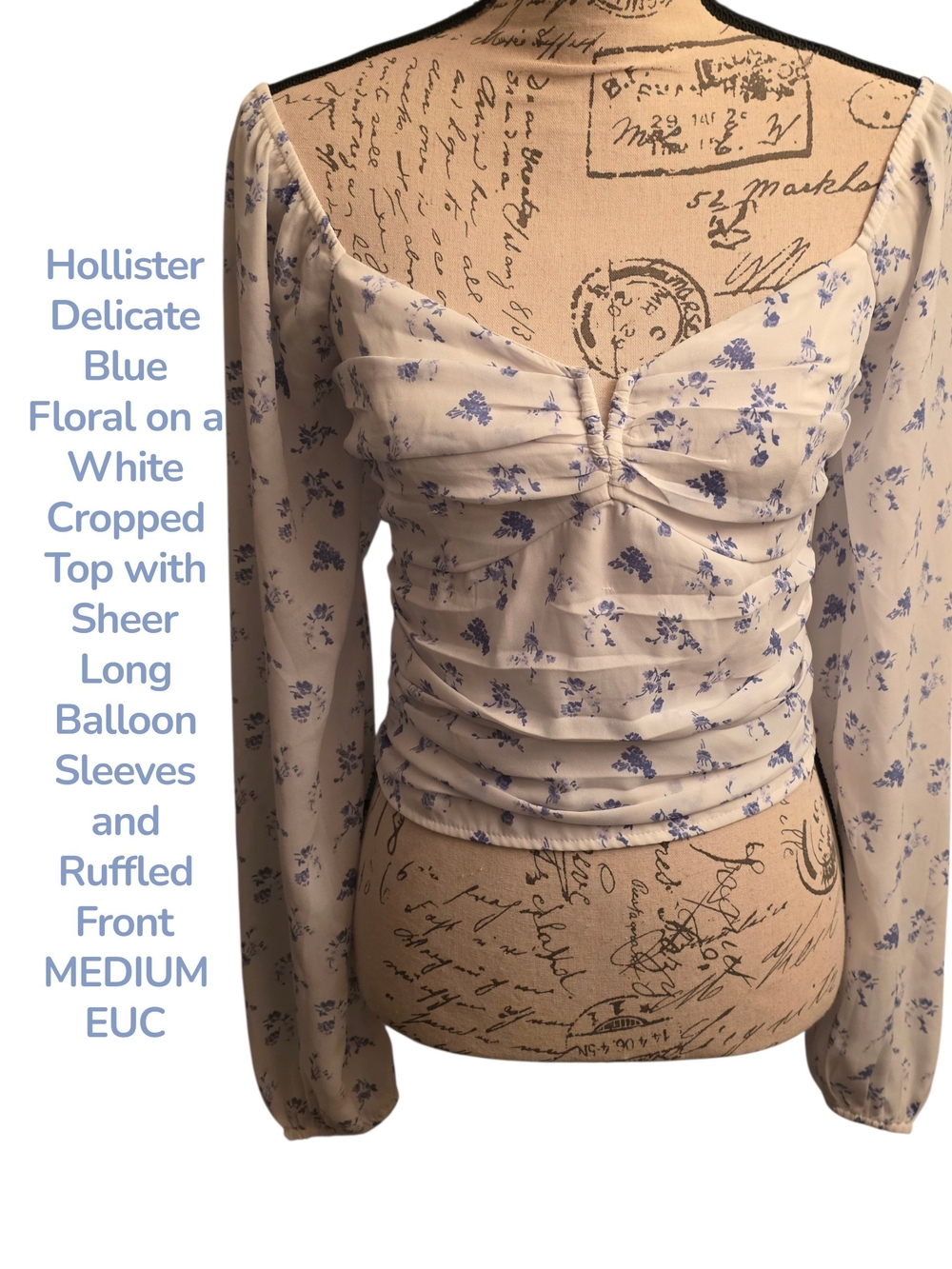 Hollister White Cropped Top with Delicate Blue Floral Print Medium Euc